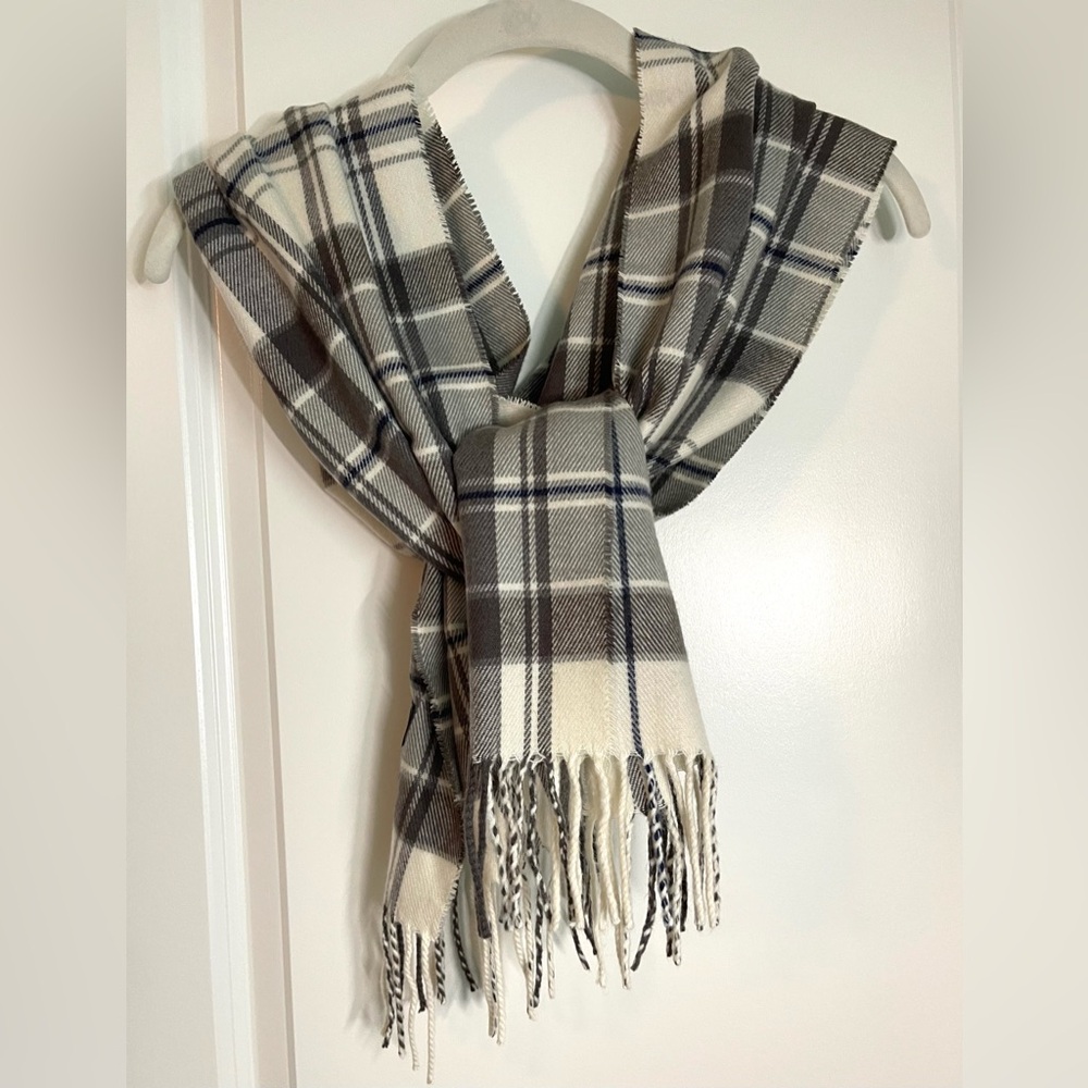 ITALY DESIGN Cashmere Blend Plaid Fringe Scarf - Navy, Gray, and Cream